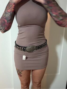 Fashion Nova Black Studded Western Belt with Silver Oval Buckle